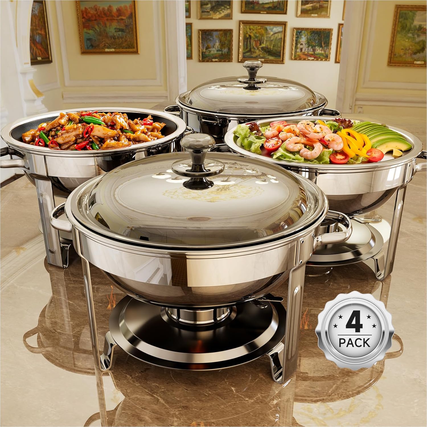 Chafing Dishes for Buffet, 4-Pack 5QT Round Stainless Steel Set